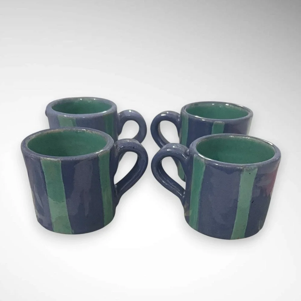 HANDMADE Set of 4 Ceramic Purple and Teal Striped 2